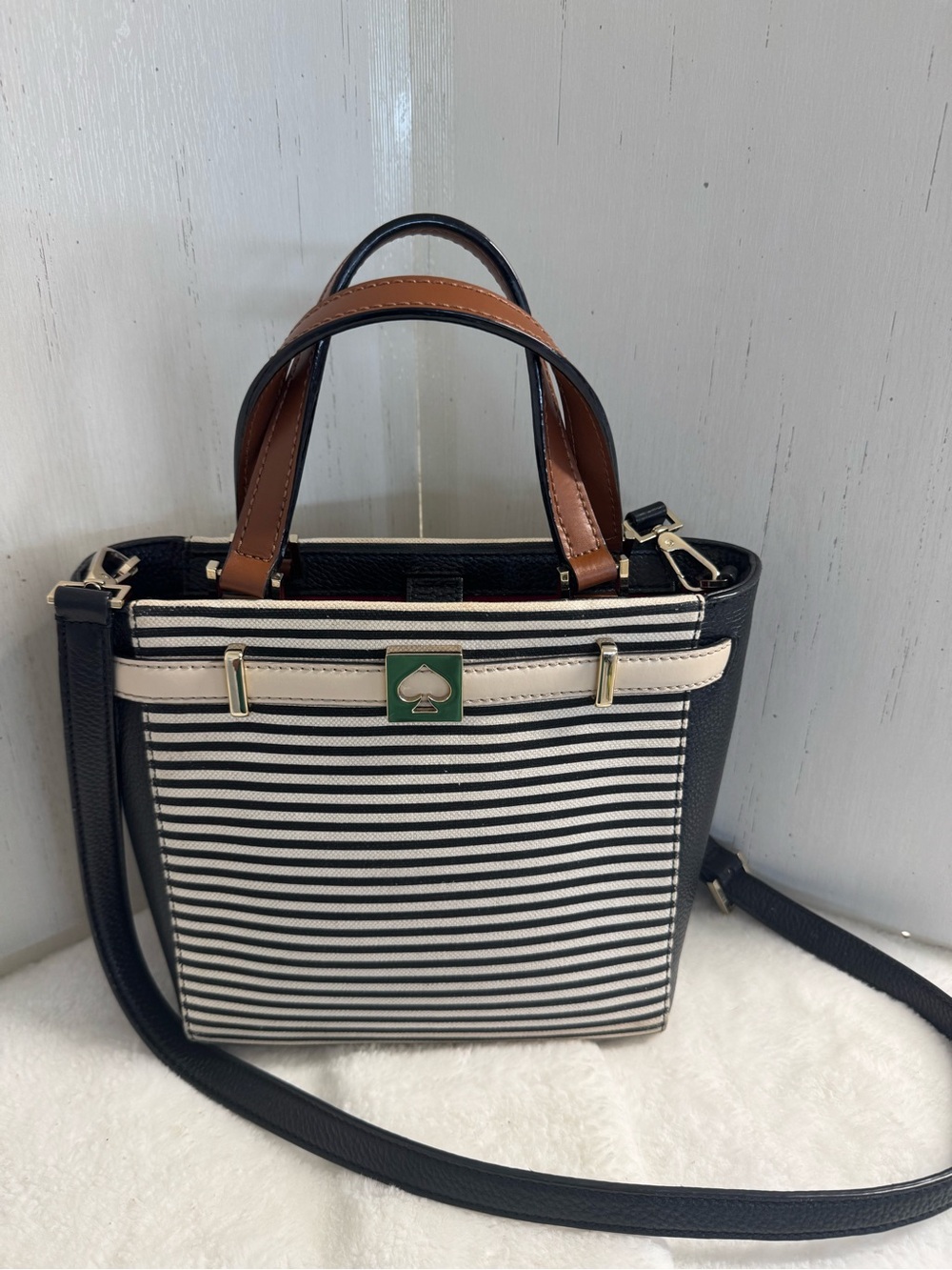 kate spade Black and White Striped Crossbody with Tan Handles